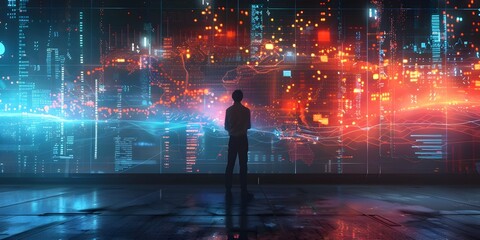 Poster - Futuristic Holographic Data Visualization Captivates Businessperson in Glowing Cityscape