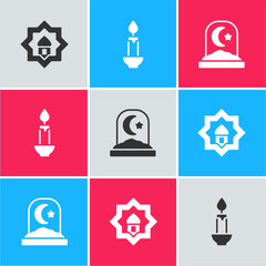 Wall Mural - Set Muslim Mosque, Burning candle and cemetery icon. Vector