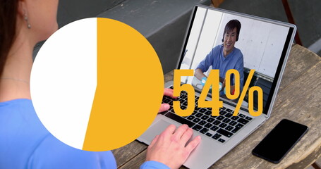 Poster - Image of pie graph filling up icon with increasing percentage over woman having image call