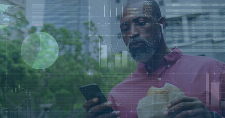 Wall Mural - Image of green lines financial data processing over african american man on smartphone