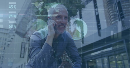 Poster - Image of financial data processing over caucasian man using smartphone