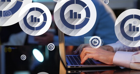 Poster - Image of graph icon in circles over cropped hands of caucasian man typing on keyboard of laptop