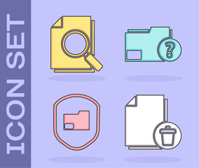 Sticker - Set Delete file document, Document with search, Document folder protection and Unknown document folder icon. Vector