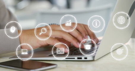 Poster - Image of digital icons over biracial businesswoman using laptop in office