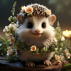 Wall Mural - Hedgehog with flowers in a wreath on a dark background