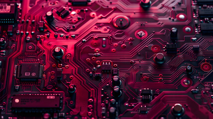 Poster - Close-up of a red circuit board with glowing red accents, revealing intricate electrical components.