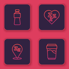 Sticker - Set line Bottle of water, Sleepy, and Glass with. Blue square button. Vector