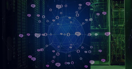 Poster - Image of global network of ai chatbot icons rotating over dark computer server room