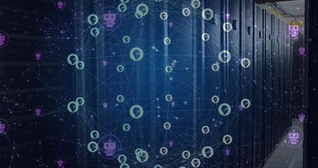 Poster - Image of global network of people and chatbot icons rotating over dark computer server room