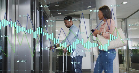 Poster - Image of graphs with changing numbers, diverse coworkers waiting for elevator in office
