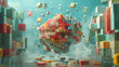 A colorful brain made of blocks is floating in the air. The blocks are of different colors and sizes, and they are scattered all over the scene. The image has a playful and whimsical mood