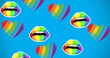 Image of rainbow lips and hearts over blue background