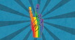 Image of rainbow peace gesture over blue background