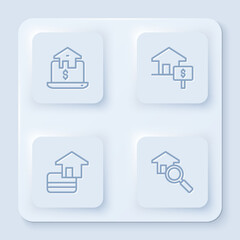 Sticker - Set line Online real estate, House with dollar, Credit card and Search house. White square button. Vector