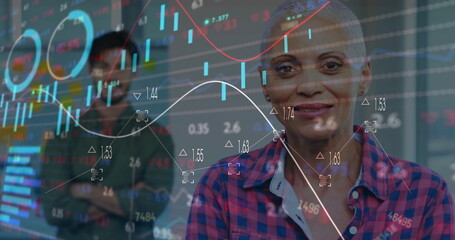Poster - Image of financial data processing over diverse male and female colleagues in office