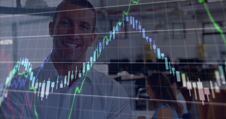 Poster - Image of financial data processing over caucasian businessman in office