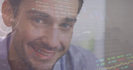 Poster - Image of financial data processing over biracial businessman and cityscape