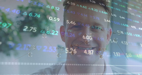 Poster - Image of financial data processing over caucasian businessman in office