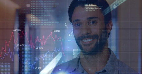 Poster - Image of financial data processing over biracial businessman in office