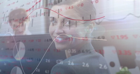 Poster - Image of financial data processing over caucasian businesswoman using smartphone in office