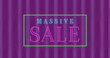 Digitally animated of massive sale text in a rectangle sparking in blue and pink against a purple cu