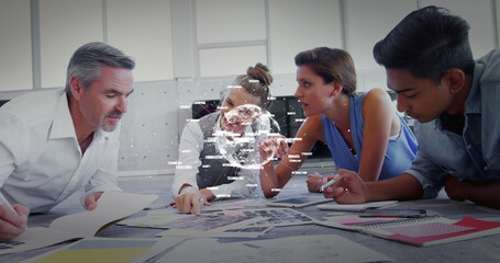 Poster - Digital composite of overhead brainstorming in a boardroom between business people with spinning num