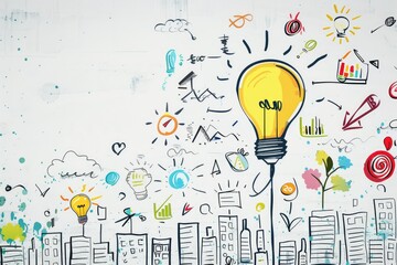 Poster - Creative light bulb doodles on white background - This image shows a burst of creativity with light bulb doodles surrounded by various playful sketches and icons