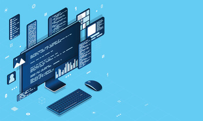 Fototapete - Computer technology isometric illustration. Desktop computer platforms. Software programming coding concept. Code with computer monitor