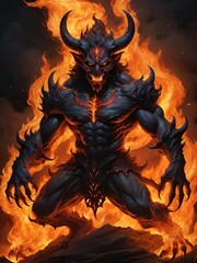  fire monster with flames on black background