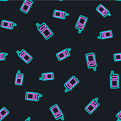 Poster - Line Smartphone, mobile phone icon isolated seamless pattern on black background. Vector