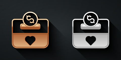 Poster - Gold and silver Donation and charity icon isolated on black background. Donate money and charity concept. Long shadow style. Vector