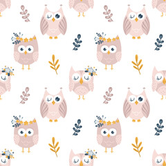 Seamless pattern with owl and plants in cartoon flat style. Owl digital paper. Hand drawn vector pattern