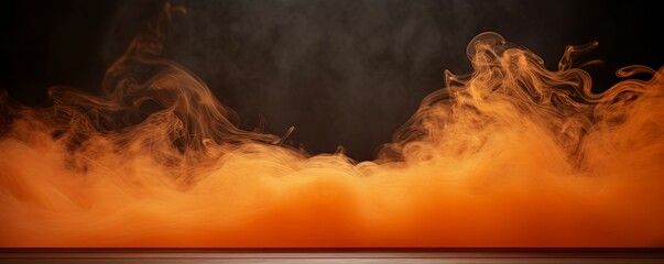 Wall Mural - orange background with a wooden table and smoke. Space for product presentation, studio shot, photorealistic