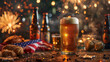A glass of beer is on a table with a red, white, and blue American flag. The flag is next to a bun and a bottle of beer. The scene is festive and celebratory, likely for a holiday or special occasion
