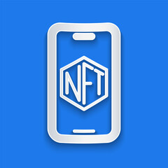 Poster - Paper cut Mobile with art store app icon isolated on blue background. Technology of selling NFT tokens for cryptocurrency. Non fungible token. Paper art style. Vector