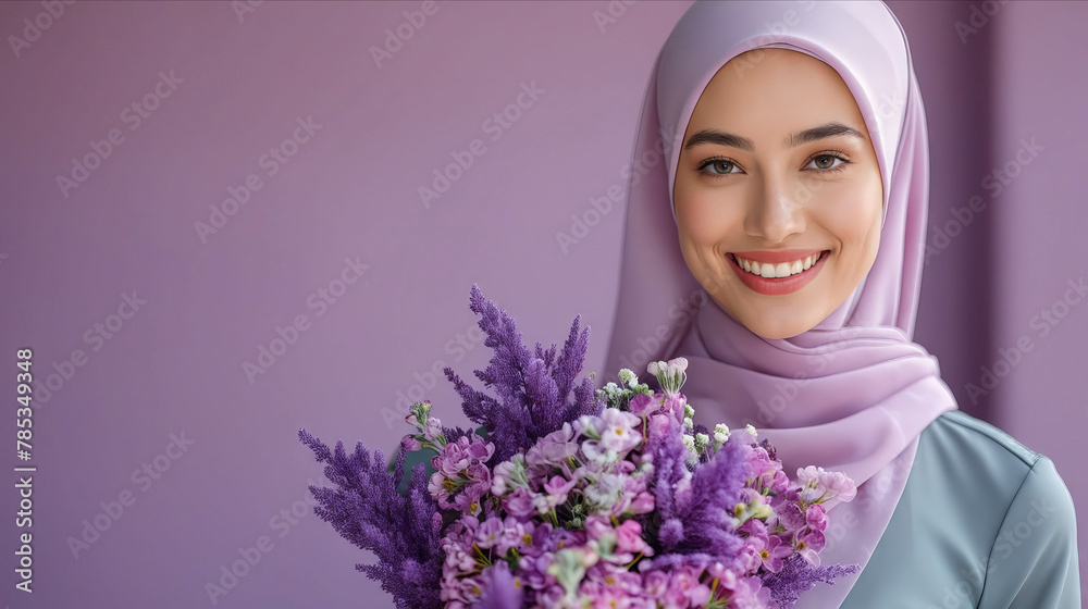 A beautiful woman in hijab holding a bouquet of purple flowers.