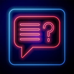 Poster - Glowing neon Unknown search icon isolated on black background. Magnifying glass and question mark. Vector