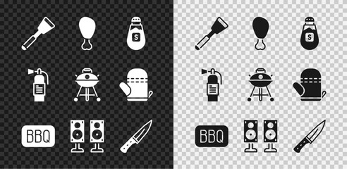 Wall Mural - Set Spatula, Chicken leg, Salt, Barbecue, Stereo speaker, Meat chopper, Fire extinguisher and grill icon. Vector