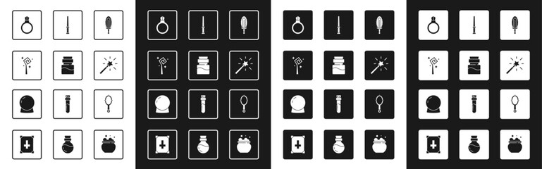 Poster - Set Magic sword in fire, Bottle with potion, staff, stone ring gem, wand, hand mirror and ball icon. Vector