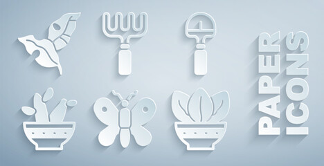 Wall Mural - Set Butterfly, Shovel, Cactus peyote in pot, Plant, Garden rake and Tropical leaves icon. Vector