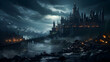 Fantasy landscape with fantasy castle and full moon. 3d rendering