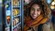Cheerful girl in knit hat looking at snacks - A joyful curly-haired girl in a knit hat smiles while browsing snacks in a convenience store