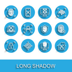 Poster - Set line Fingerprint with lock, Eye scan, Monitor fingerprint, Smart home face id, Face recognition, Rejection and shield icon. Vector