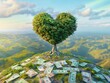 A heartshaped tree growing on a currency land, merging love and finance in eco conservation, pop art style