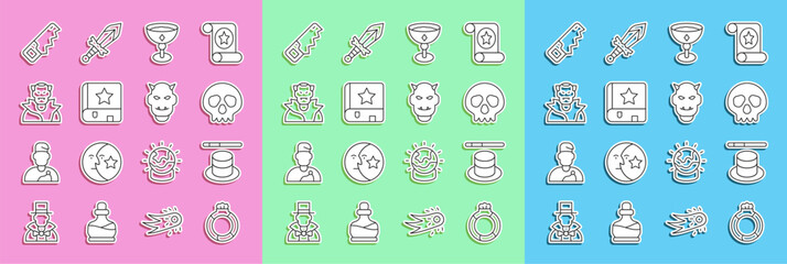 Sticker - Set line Magic stone ring with gem, hat and wand, Skull, Medieval goblet, Ancient magic book, Vampire, Hand saw and Mask of the devil horns icon. Vector