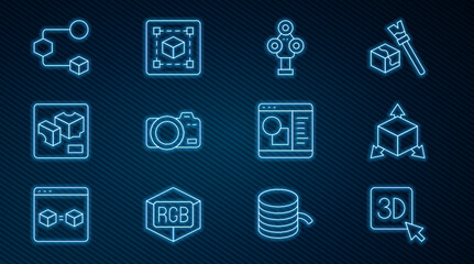 Poster - set line 3d printer, isometric cube, scanner, photo camera, software and geometric figure cube icon.