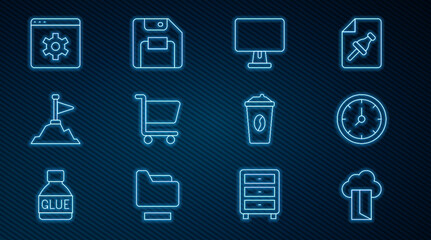 Poster - Set line Cloud database, Clock, Computer monitor, Shopping cart, Mountains with flag top, Browser setting, Coffee cup go and Floppy disk icon. Vector