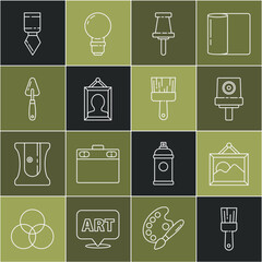 Poster - Set line Paint brush, Picture landscape, Spray can nozzle, Push pin, Palette knife, and icon. Vector