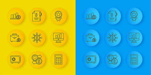 Poster - set line safe, briefcase and money, dollar, share, network, calculator, monitor with graph chart, pi