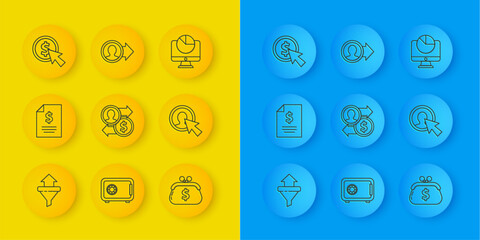 Poster - Set line Sales funnel with arrows, Contract money, Job promotion exchange, Wallet dollar, User of man in business suit, Cursor and coin, Computer monitor graph chart and icon. Vector